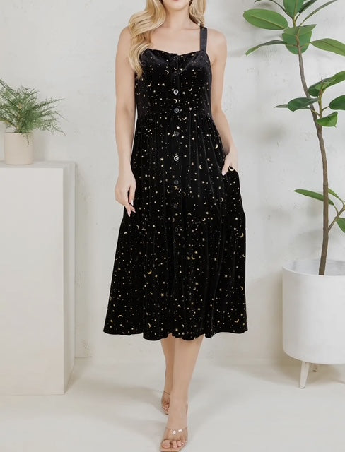 Velvet midi dress with gold start and crescent moon print