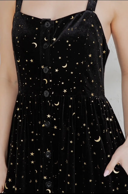 Velvet midi dress with gold start and crescent moon print