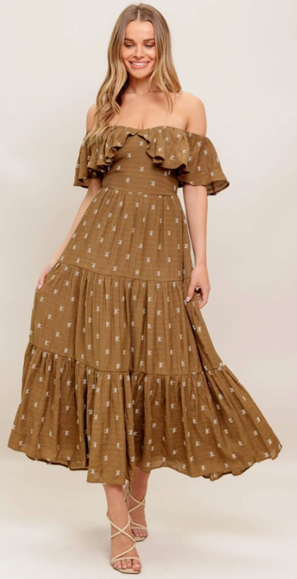 Ribbon embroidered midi dress