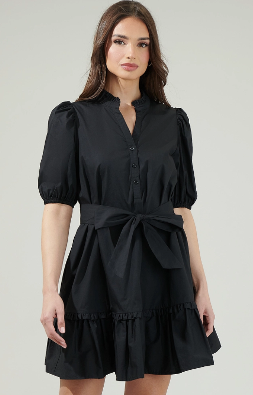 Split neck half sleeve black dress with belt