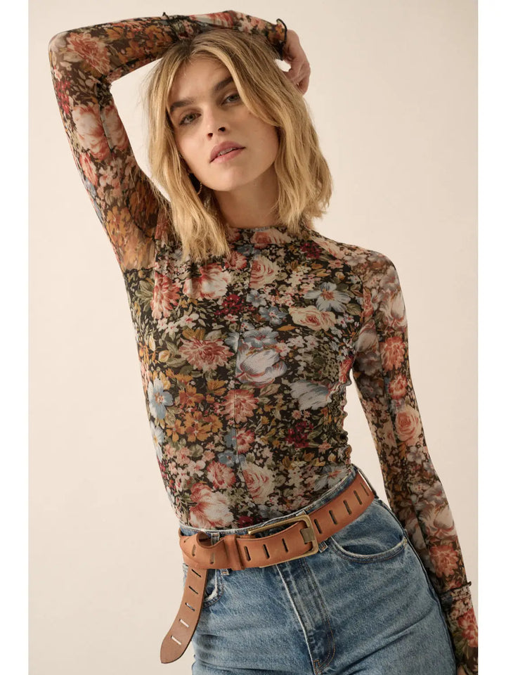 Mesh flower print  long sleeve top