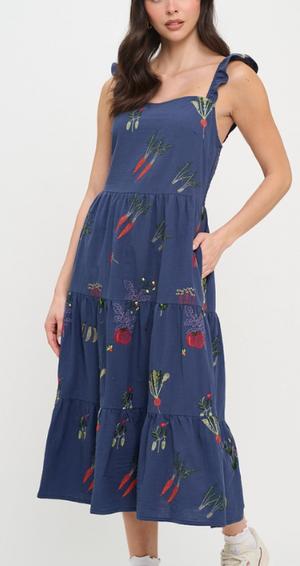 Vegetable embroidery midi dress