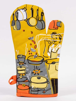 Man with a pan oven mitt